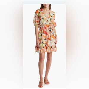 BCBGENERATION 3/4 Puff Sleeve orange floral surplice‎ neck mini dress size 0 new